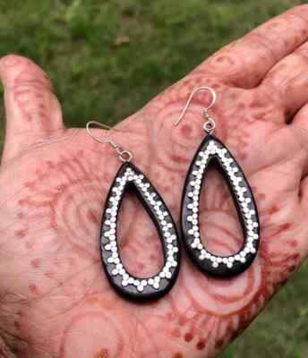 Artisan Crafted Sterling Silver Ebony Wood Jewelry Earring Silver Dots Free Ship