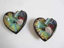 Set of 2 Vintage 70's Pottery Glazed Heart Ceramic Floral Ashtrays