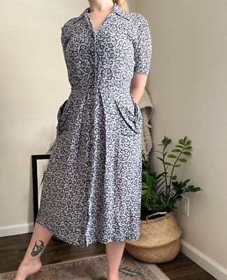 Vintage 40s Blue 1940s Women's Patterned Rayon Button Swing Day Dress | eBay