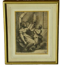 MARCANTONIO RAIMONDI Engraving Woman with Book & Child with Candle