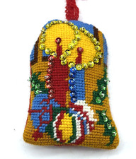 Vtg Christmas Ornament Bell Needlepoint Felt Sequins Handmade Stuffed
