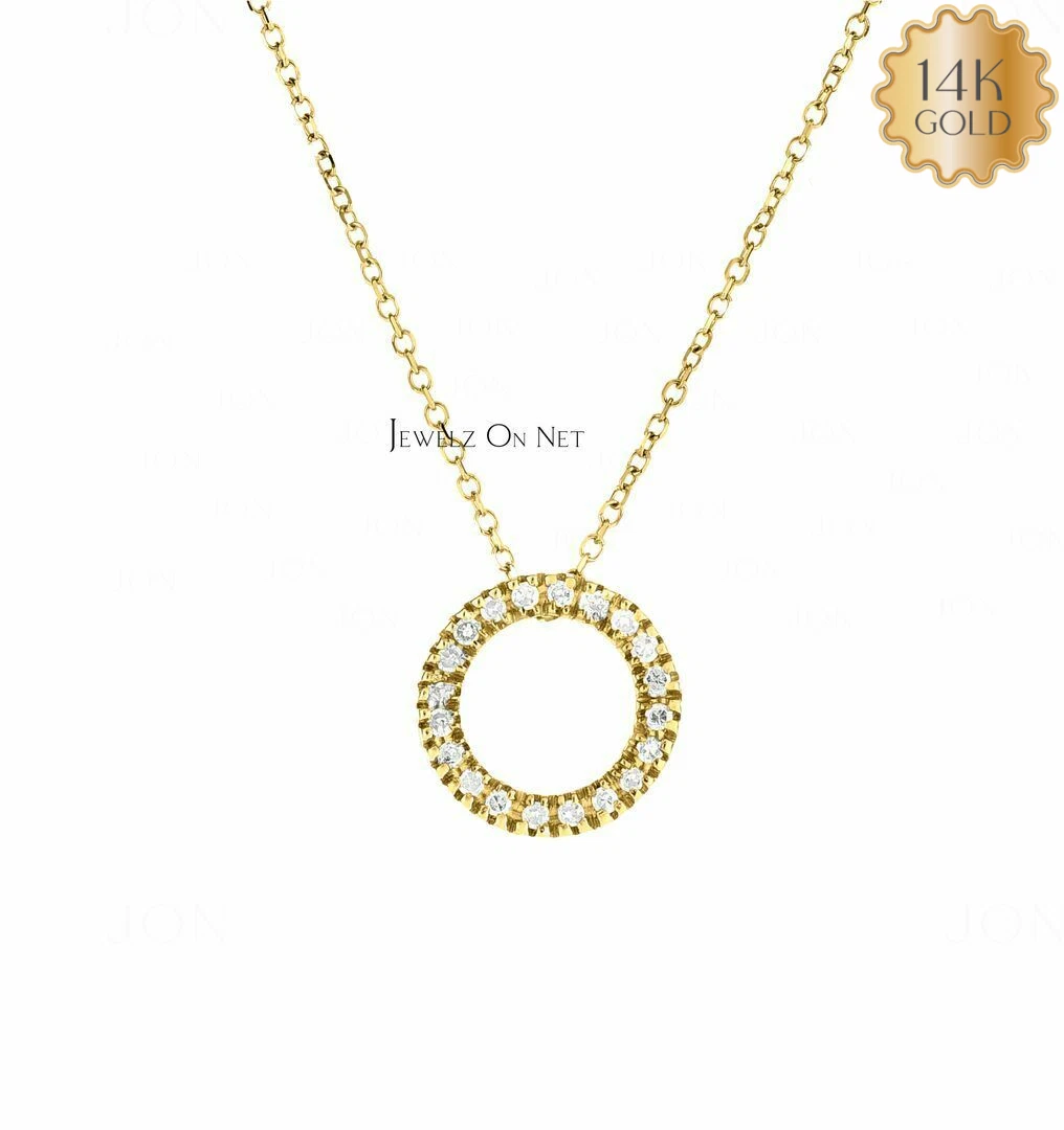 14K Gold 0.10 Ct Natural Diamond Open Circle Pendant Necklace