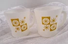 Pair of Vintage Anchor Hocking Atomic Fire King Starburst Milk Glass D Ring Mugs