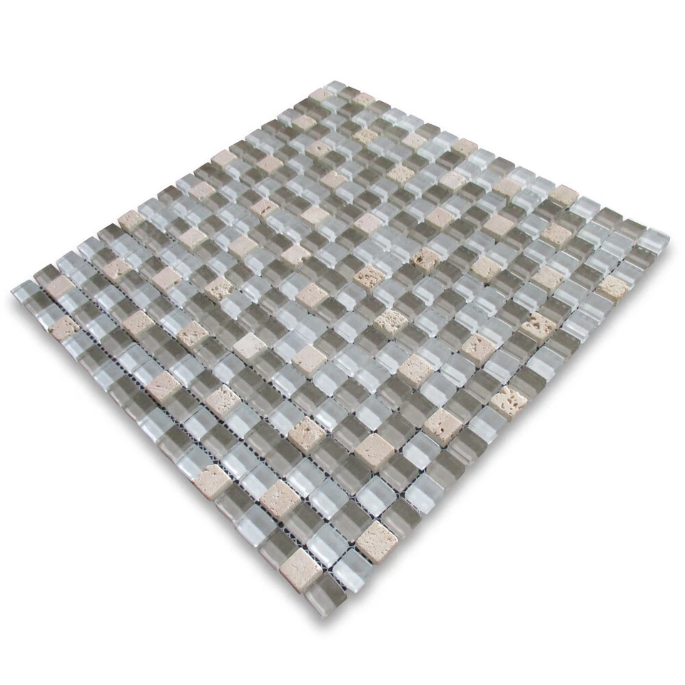 Mosaico de vidro A22002 azulejo branco cinza vidro bege travertino 5/8" backsplashes - Imagem 3 de 4