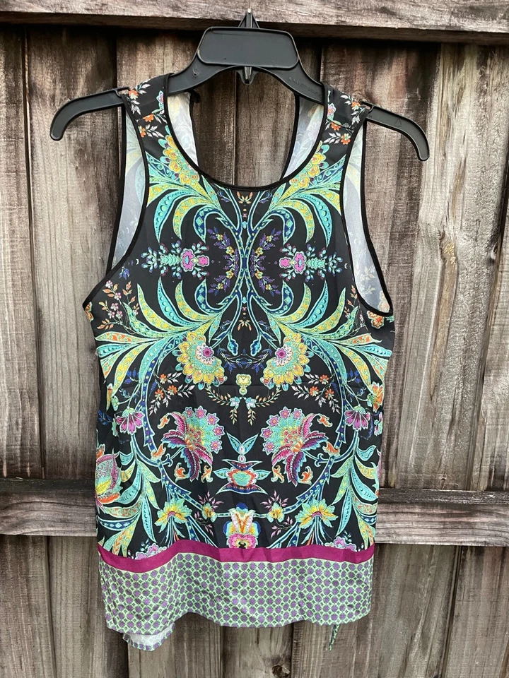 Camiseta sin mangas vintage Rozae Nichols Dream Daily vibrante cachemira/floral caprichosa talla XS Foto 4 de 4