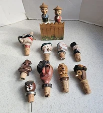11 Vintage Figure Head Cork Stoppers Ceramic Hand Carved Wood w/ Fence Display