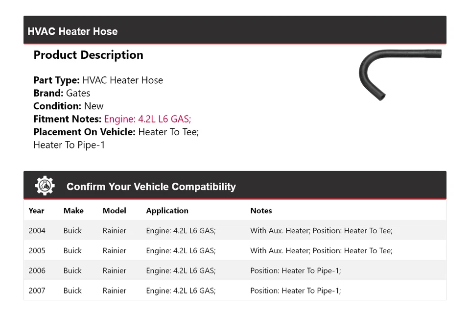 Para Buick Rainier 2004-2007 4,2 L L6 Gas HVAC Calefacción Manguera Puertas 2005 2006 Foto 2 de 4
