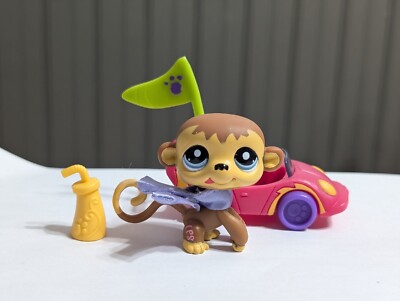 Littlest Pet Shop #1843 Monkey Brown Beige Pets On The Go Red Convertible Drink