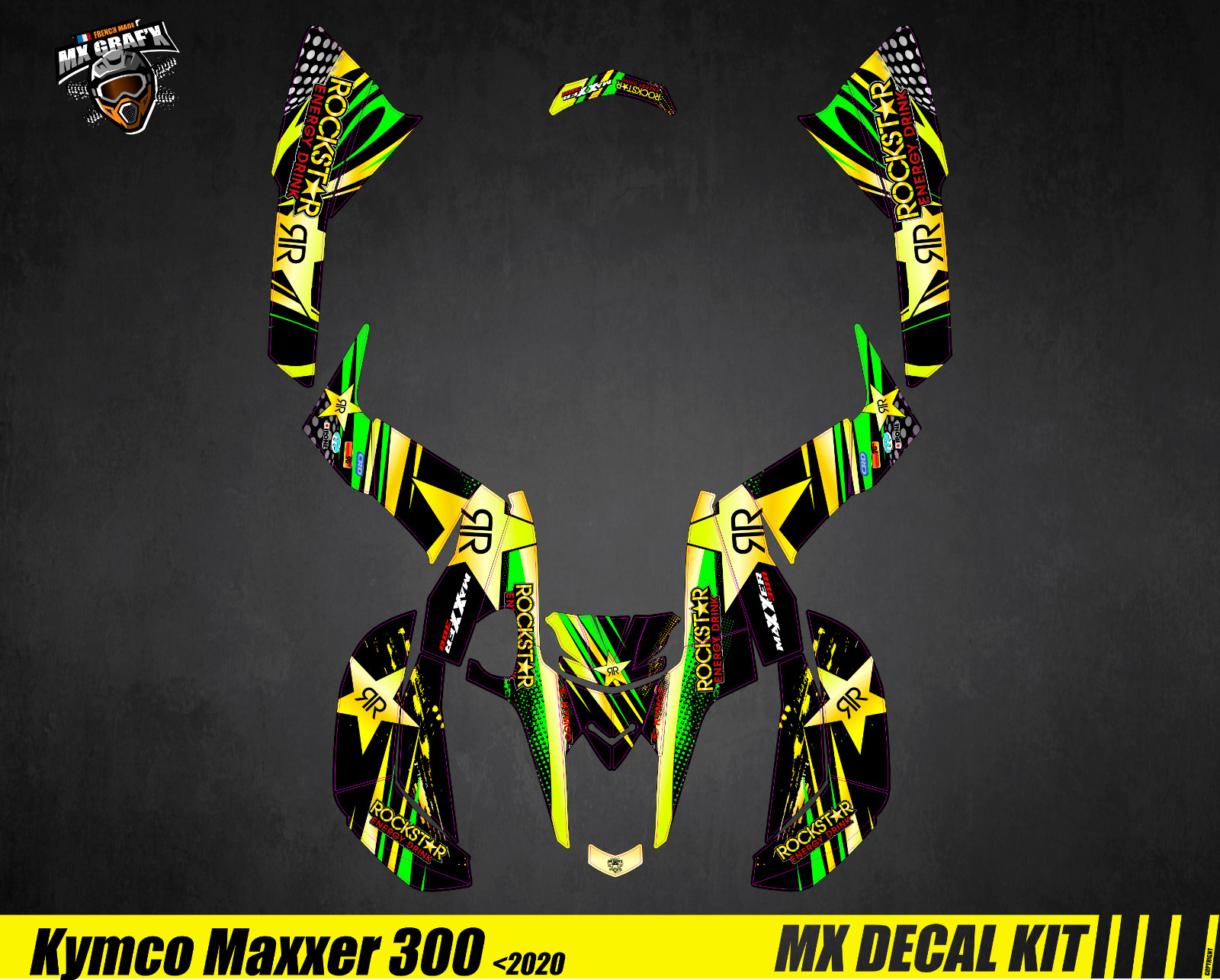 Kit déco Kymco Maxxer 300 autocollants épais anti UV design Rockstar