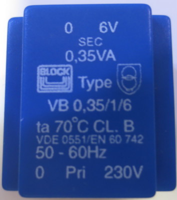 Block Printtransformator 1 x 230 V 1 x 6 V/AC 0.35 VA 58 mA VB 0,35/1/6  