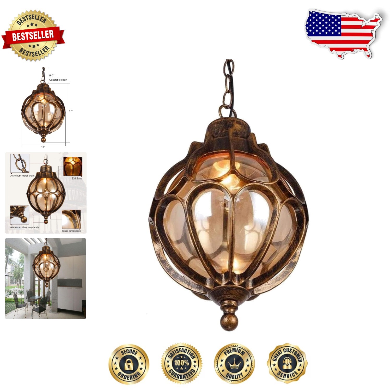 Sturdy Vintage Outdoor Pendant Light - Waterproof Aluminum, Adjustable Height