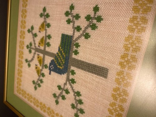 Handmade Vintage Cross Stitch Picture Birds in Tree Professionally Framed 9"x9'' - Picture 8 of 8