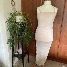 Pretty Little Thing Size 12 Dress New Nude Beige Ruched Bodycon Midi Strappy