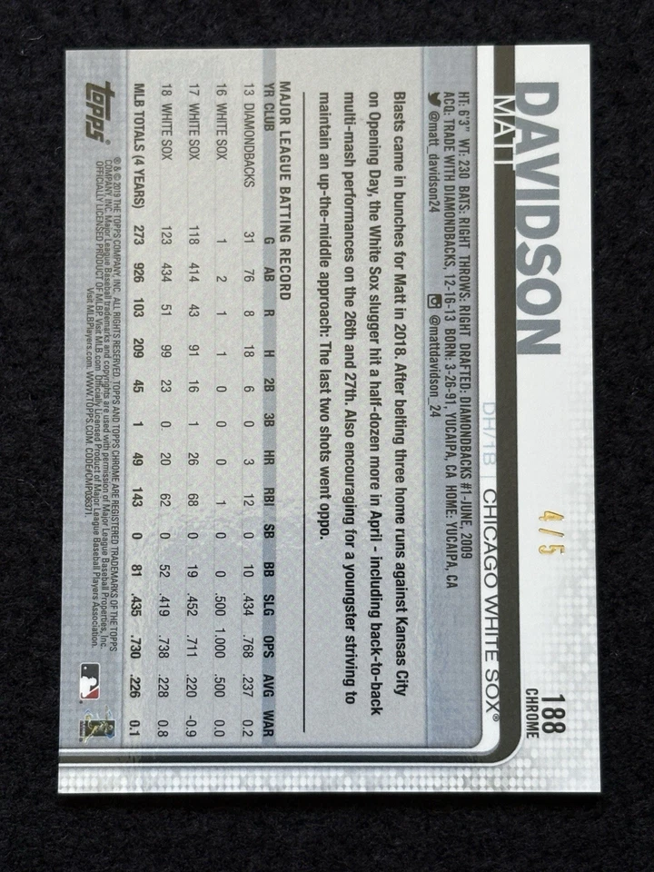 Topps Chrome Matt Davidson Red Cracked Ice 2019/5 #188 White Sox Foto 2 de 2