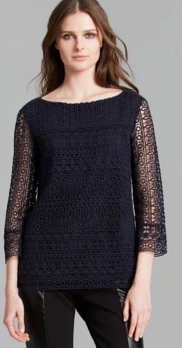 Camicia Tory Burch Harlow blu navy media all'uncinetto manica 3 4 lino cotone