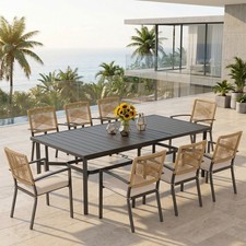9PCS Patio Dining Set Heavy Duty Outdoor Rattan Chairs Rectangular Metal Table
