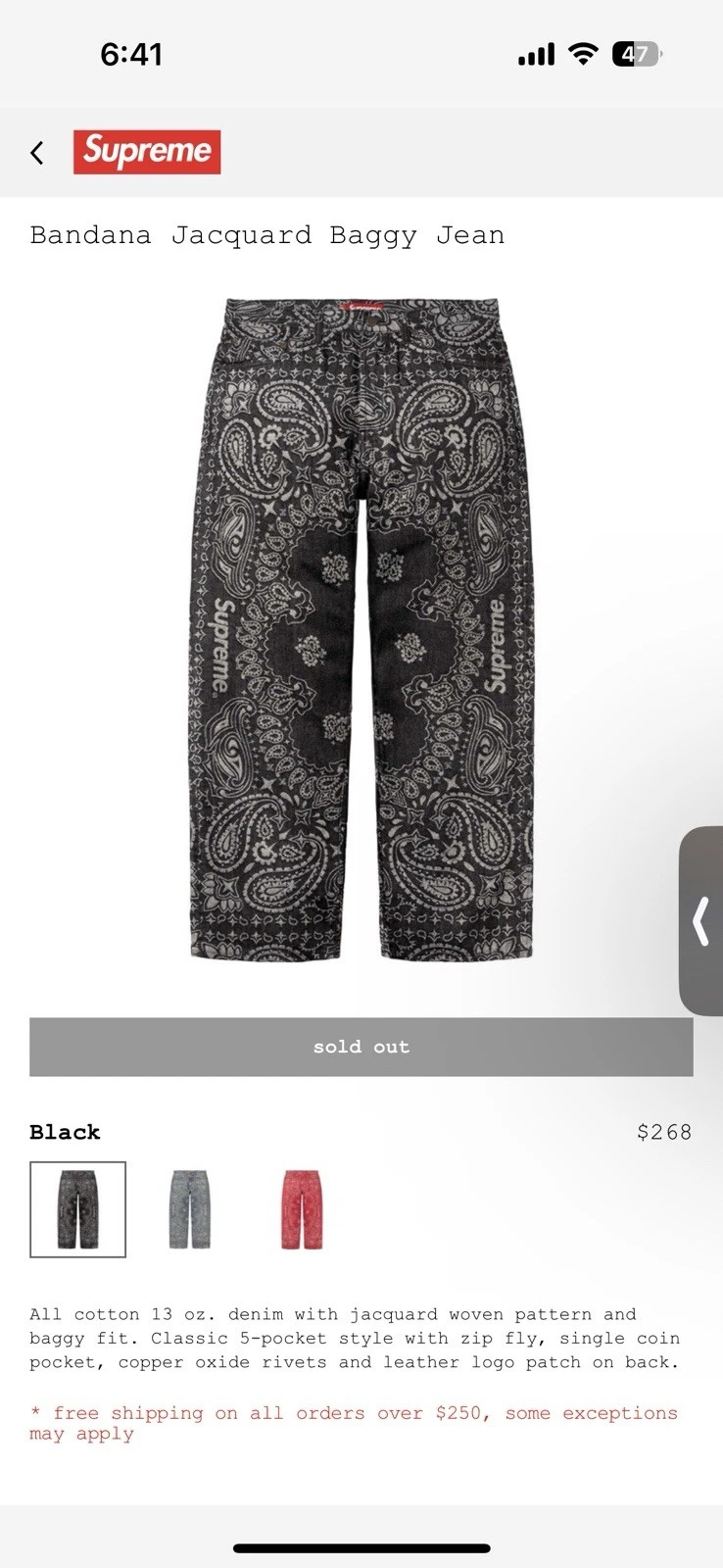 JEAN noir taille 30 SUPREME BANDANA JACQUARD BAGGY commande confirmée