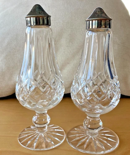 Waterford Lismore Crystal Footed Salt Pepper Shaker Set Vintage Signed EPNS-Used