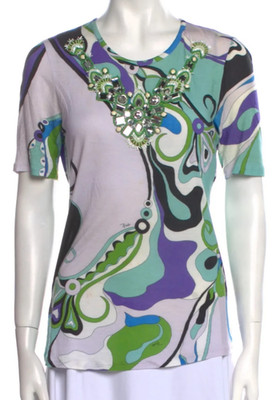 Emilio Pucci Firenze JEWEL CRYSTALS BLUE PURPLE SHORT SLEEVE TOP SHIRT LARGE