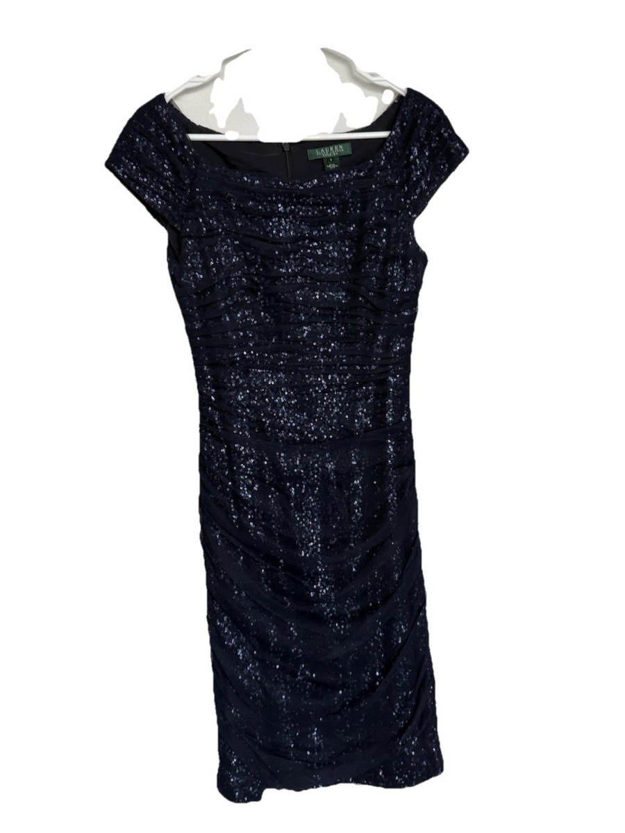 Lauren Ralph Lauren Dress Size 6 Blue Sparkly Sequin Lace Cowl Neck Lined