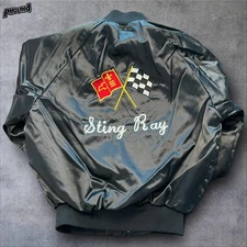 Vintage Corvette Sting Ray Jacket Mens Medium Black Satin Bomber Made USA 80s