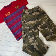 FCB Red  Blue Striped Crew Neck Tee Shirt  Place Camo Pants Boys Bundle Size 8