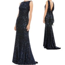 NWT Ieena for Mac Duggal Midnight Blue Cowl Back Boat Neck Sequined Gown Size 0