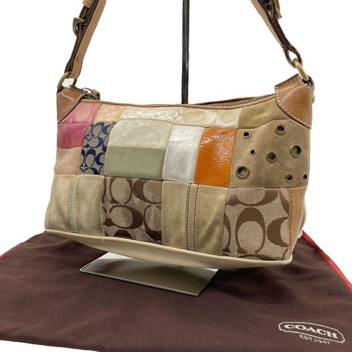 Coach One Shoulder Bag Patchwork Handbag Signature Beige Canvas Suede Leather