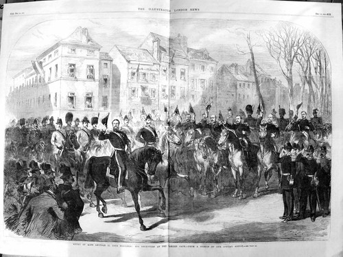 Original Old Antique Print 1865 King LeopBrussels Reception Laeken Gate 19th