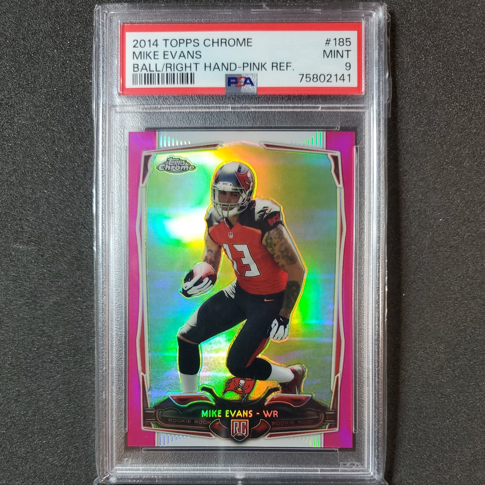 2014 Topps Chrome MIKE EVANS RC/399 PINK REFRACTOR Right Hand #185 PSA 9