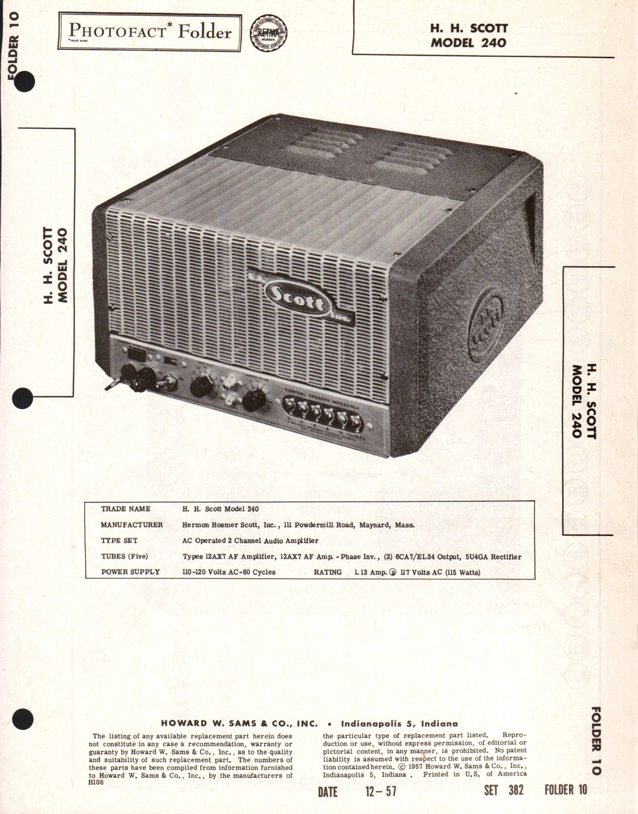 Sams Photofact HH Scott 240 Audio Amplifier Manual w/ Schematics (original)