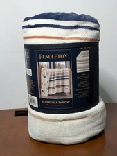 NEW ​Pendleton Reversible THROW Blanket 50x70 Blue White Striped Soft Plush Flee