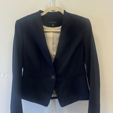 Ann Taylor Collarless Wool Blend Single Button Blazer Jacket Size 4 Navy Black