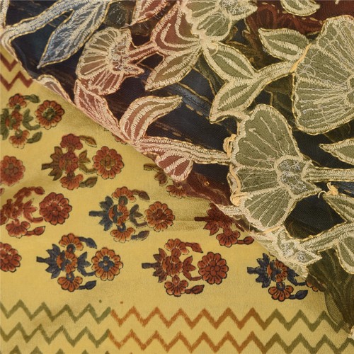 Sanskriti Vintage Sarees Pure Silk/Net Hand Embroidered Kantha Sari Craft Fabric - Picture 10 of 12