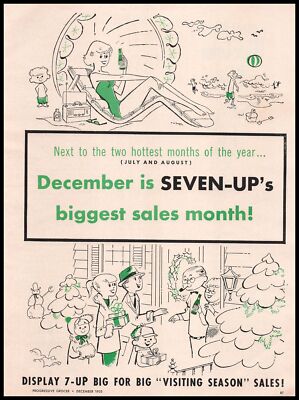 1955 7-Up Christmas December Sales Seven Up July August Beach Cartoons Print Ad
