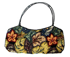 VINTAGE JESSICA MCCLINTOK TAPESTRY PATTERN BEADED SMALL HANDBAG W/BEADED HANDLE