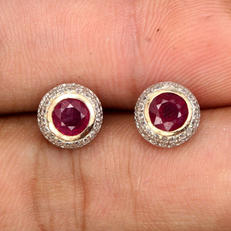 925 Sterling Silver Earrings Round Ruby 5mm Natural Gemstone Jewelry 💝💝💝💝💝 - Image 2 of 4