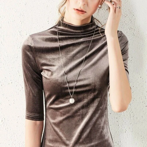 Damen Samtshirt Oberteile Freizeit Halbarm Schildkrötenausschnitt Bluse schmal Retro T-Shirt - Bild 1 von 23