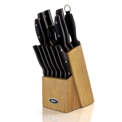 Oster Granger 14 Teile Edelstahl Besteckset mit Schwarz Griffe Und Holz