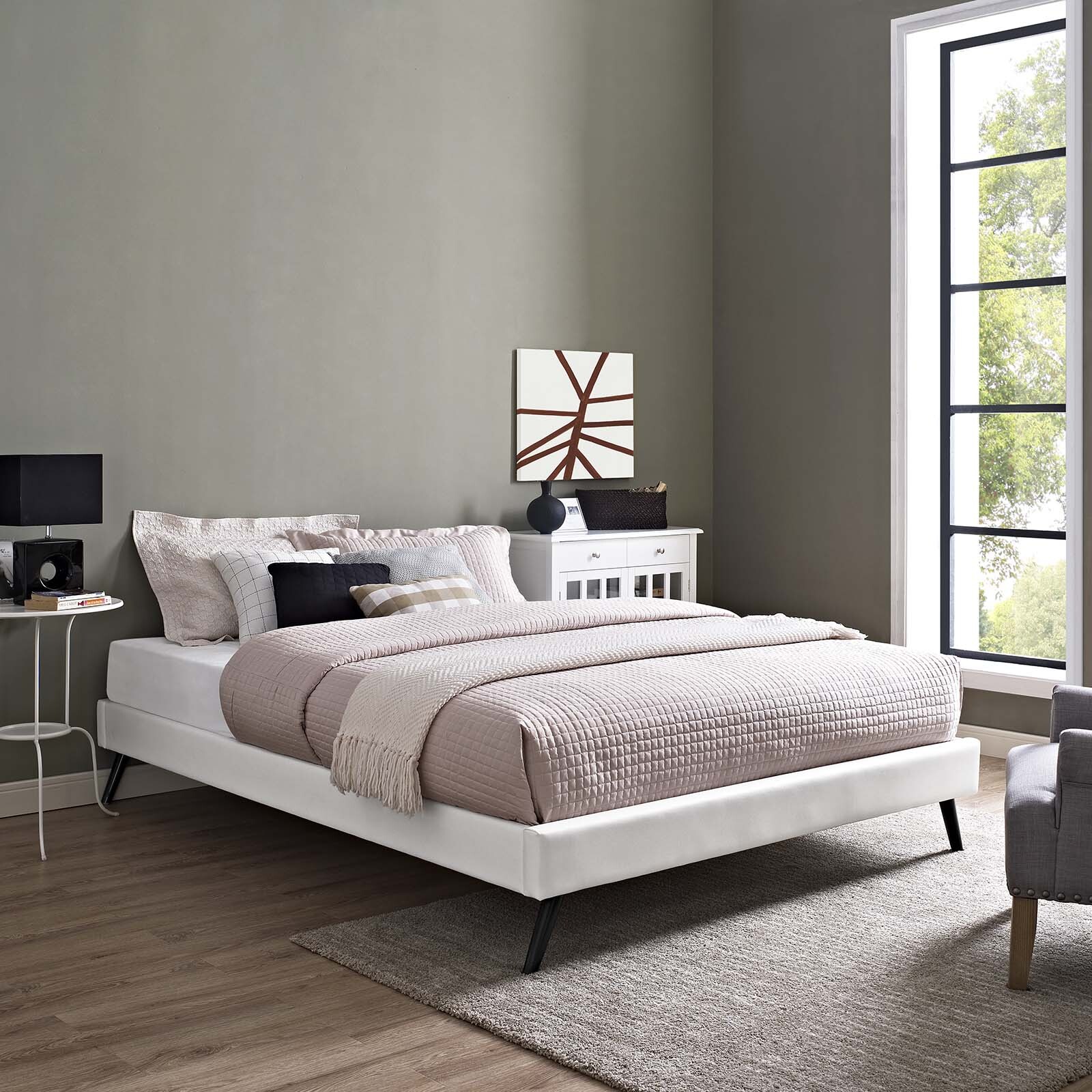 Mid-Century Modern Faux Leather King Platform Bed Frame With Wood Slats in White