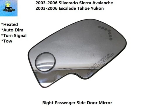 88980580 03 to 06 Yukon Silverado Right Door Mirror Glass W/ Turn, Dim, Heat Tow