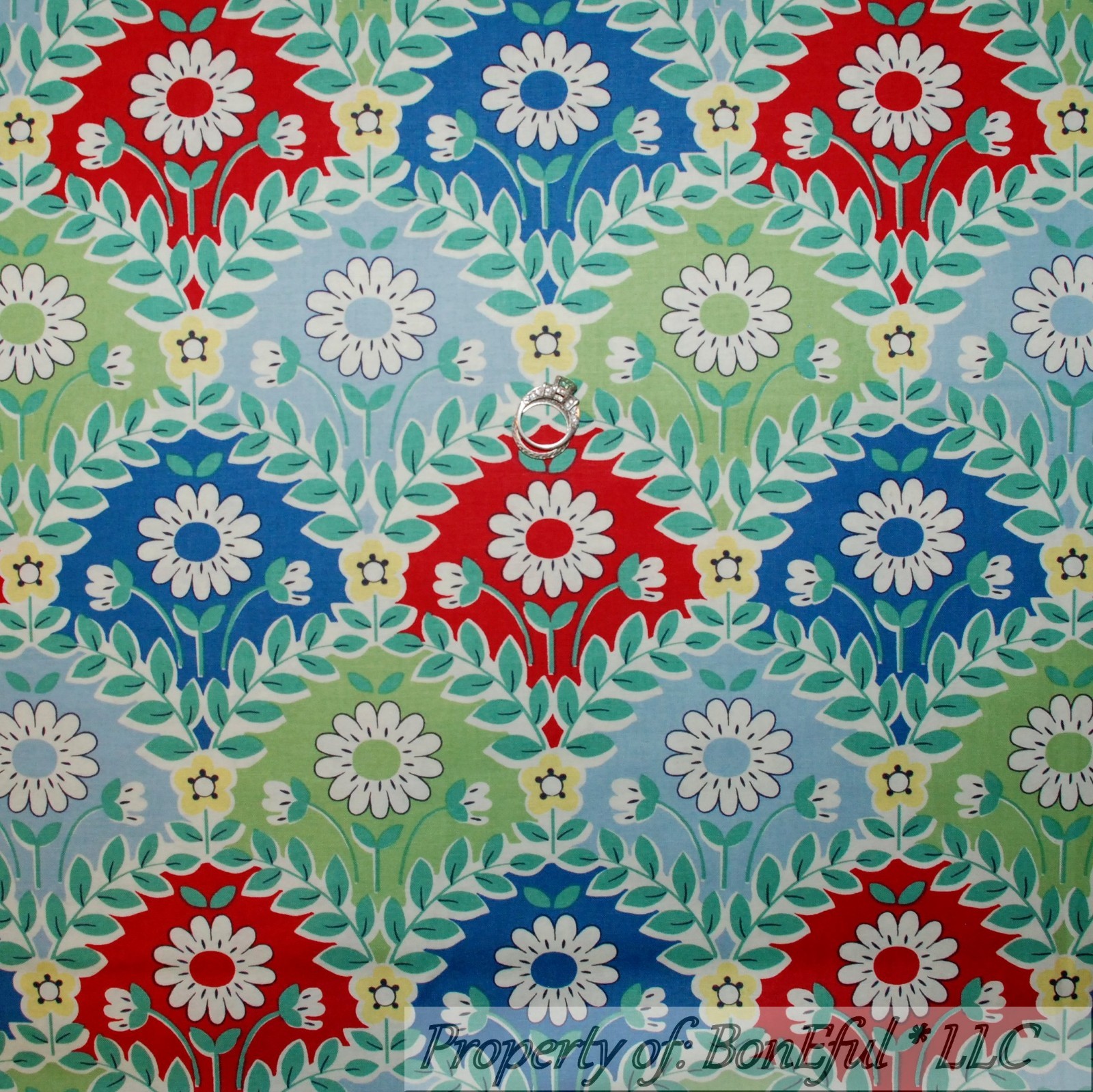 BonEful FABRIC FQ Cotton Quilt Green Blue White Red FLOWER Daisy Damask Girl Dot