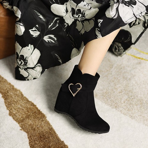 Women's Hidden Wedge Heel Shoes Love Buckle Faux Suede Round Toe Zip Ankle Boots - Picture 14 of 26