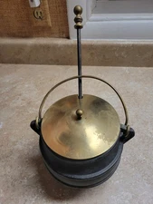 Vintage Cast Iron Fire Starter Smudge Pot with Brass Lid and Pumice Wand