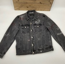 Guess Dillon Black Denim Jean Retro Jacket Coat Embroidered Distressed Mens XL