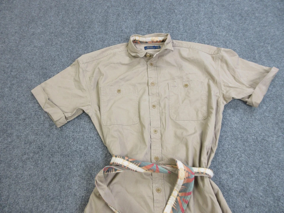 Vestido Polo Ralph Lauren Para Mujer 12 Caqui Azteca Cinturón Camisa Vestido Bolsillos Cortos Foto 3 de 4