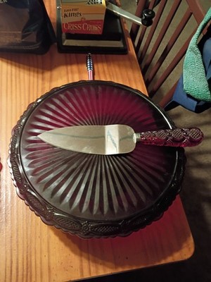 Vintage Avon Cape Cod 1876 Ruby Red 10.5  Pedestal Cake Plate. plus knife 