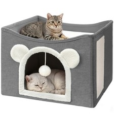 Indoor Kitten Cat Cave Bed With Fluffy Ball Scratch Pad Foldable Condo Hideaway
