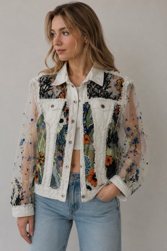 Ethyl White Denim Lace Jacket Vibrant Floral Embroidery Sheer Mesh Panels Sz L