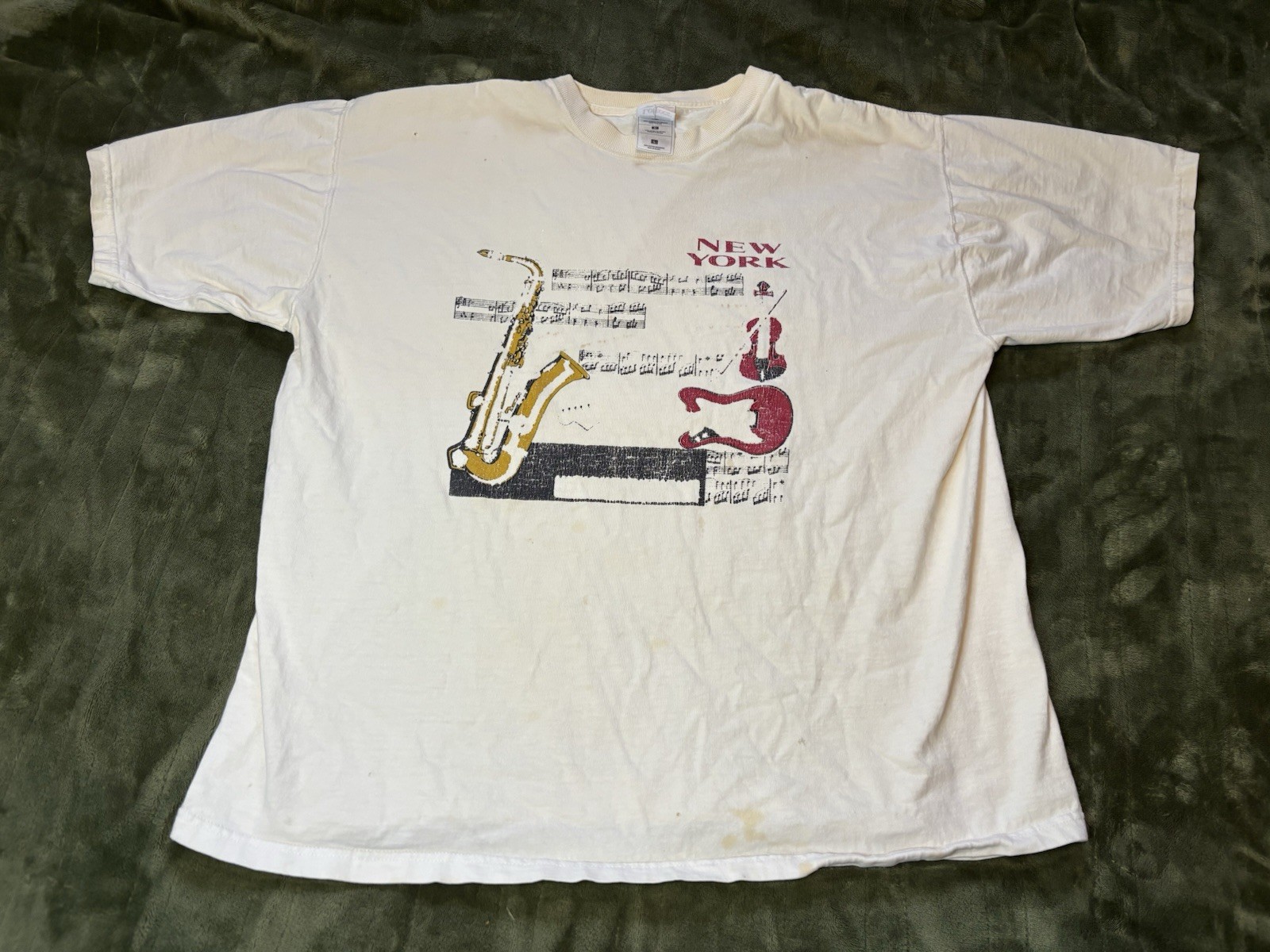 Vintage New York Music Shirt Mens Large Cream 90s Violin Saxophone Band Theater